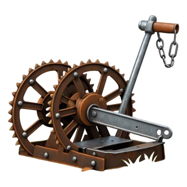 Realistic rusty bear trap open on forest ground, sharp metal jaws, detailed steel texture, natural lighting sticker