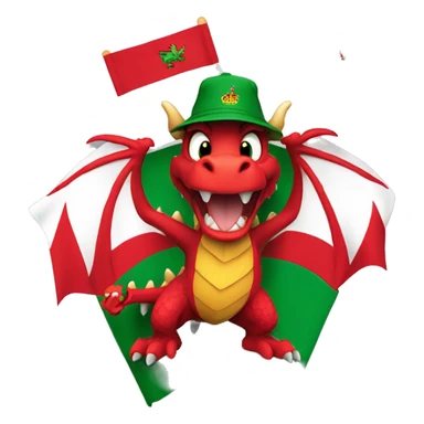 Excited Welsh dragon holding 2 small Welsh flags wearing a Wales FA bucket hat sticker
