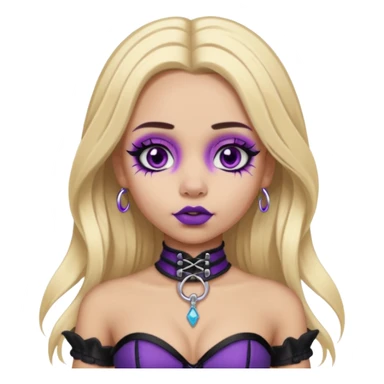 Ai light skin girl , who has straight long length blonde hair with heavy purple streaks , hazel eyes , and doll like makeup , with a septum piercing, nostril piercing, in a black corset emoji sticker