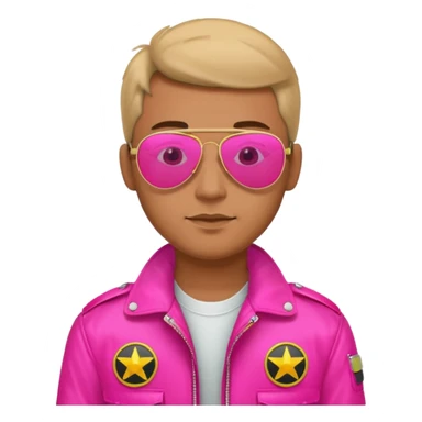 1980s man wearing reflective neon pink aviator sunglasses and a pilot jacket sticker