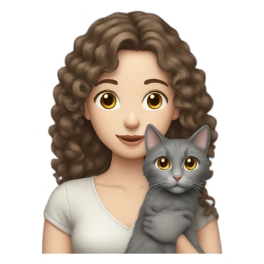 Young brunette pale woman with long curly hair holding a grey cat sticker