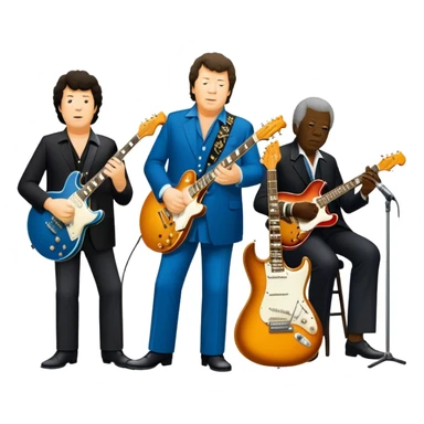 Icon for Blues Music: collage of legendary blues artists. Gary Moore, Eric Clapton, B.B. King and Joe Cocker. Represented by silhouettes or symbolic items like guitars, microphones, or music notes, reflecting the soulful energy of blues music. Transparent background. sticker