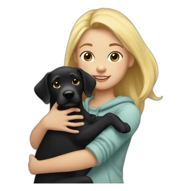 A blonde girl  with smooth hair and a ray in the middle of his hair, she has light skin a few freckles, and she wear a hoodies and she Carries in his arms a black baby labrador dog  sticker