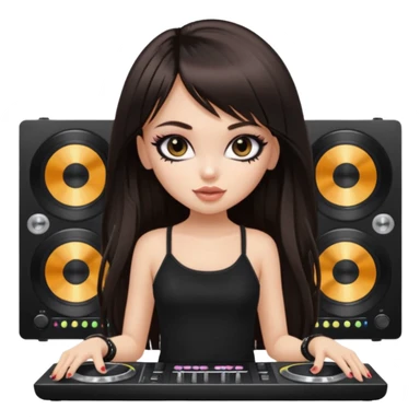 generate a pretty bratz girl in black cami top, dark brown straight long hair with bangs, eyeliner on, djing, fair sticker