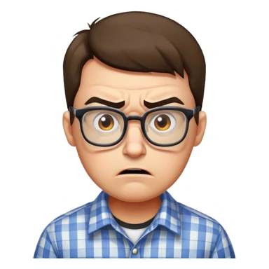 A rigid, tense person looking angry and slightly scared, wearing glasses and a checkered shirt sticker