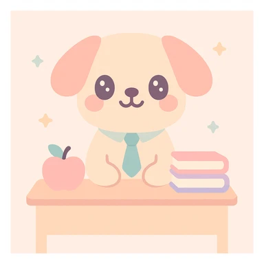 dog as a teacher, sitting at a desk with books and an apple, wearing a tie, friendly and approachable, cute illustration style sticker