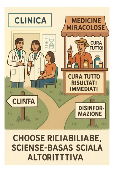 two paths diverge—one leads to a trustworthy clinic with doctors and scientific posters, the other to a shady stand selling “miracle” medicines with exaggerated claims. Signs along the second path warn of scams and misinformation. The scene encourages viewers to choose reliable, science-based healthcare. in italiano sticker