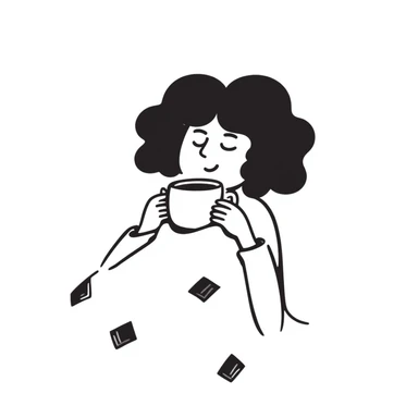 White girl with curly brunette hair snuggled in a blanket sipping coffee with eyes closed, feeling warm and content sticker