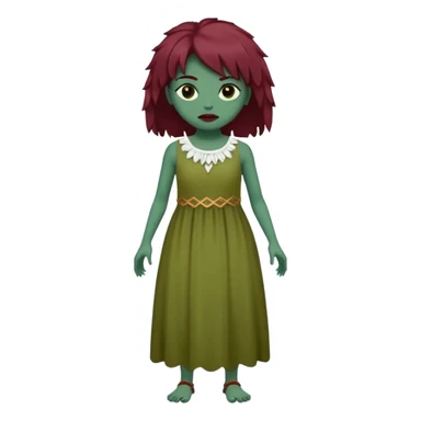 Faça uma garota com pele verde e que seja zombie, que tenha cabelo grande da cor vermelho marsala e que tenha uma franja e que seja liso mais enrolado nas pontas, e que esteja vestindo um sobre tudo(vestido sem alça) da cor branca  sticker