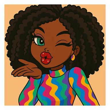 Headshot of a 20-year-old anime Bratz style woman with dark skin, curly hair, winking and blowing a kiss, bold colorful fashion-forward look, big expressive eyes, glossy lips, happy expression, no hat, no tears. sticker