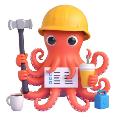 A tired worker wearing a helmet, depicted as an octopus with multiple tentacles holding various tools and items, including a hammer, a checklist with tasks, a wrench, a saw, and a coffee cup sticker