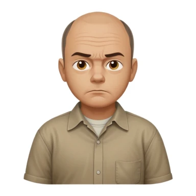 Carl from Sling Blade, serious expression, recognizable features, neutral background, full body, chin sticking out, slouching posture, no glasses, shirt with collar sticker