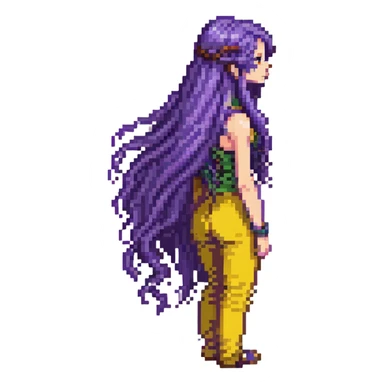 Girl with long purple hair that flows down her back, pixel art style sticker