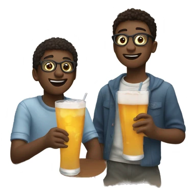 boys enjoying drinks indoors, boy on the right has glasses sticker