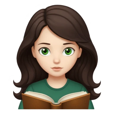Long wavy dark brown haired, white skinned, dark green eyed girl reading a book sticker