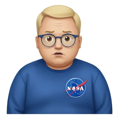 angry chubby man, with blond short and hight receding hairline, wears a dark blue sweatshirt, nasa logo on the sweatshirt, round glasses without frame, 40 years old sticker