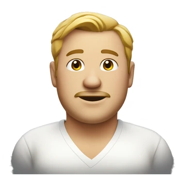 a slightly fat man with a white shirt, no beard and smiling sticker