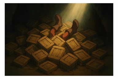 A pile of small oblong crates hidden in a dark area with a beam of light shining from above, with someone’s boots sticking out like they dove in sticker