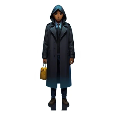 Thriller Movie: A tense, gripping design with dramatic lighting. Include a mysterious figure in a dark coat standing in a rain-soaked alley, with glowing neon signs in the background. Shadows loom and ominous shapes emerge from the mist. Suspenseful and cinematic atmosphere. Transparent background. sticker