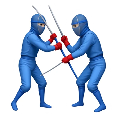 Two figures stick fencing, one fully red attacking, one fully blue defending. Both wear mesh-covered headgear, hiding their faces. No swords, only sticks. sticker