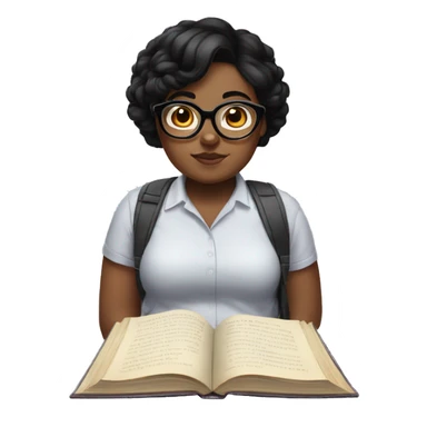 Chubby girl black hair glasses book reading sticker