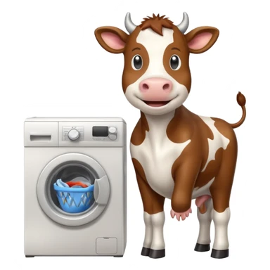 cartoon cow loading laundry into a washing machine sticker