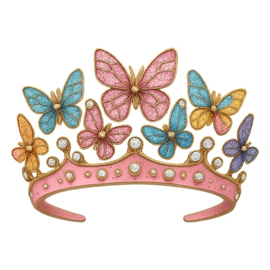 butterfly crown with a pink base, colorful butterflies in pink enamel, sparkling gems, transparent background sticker