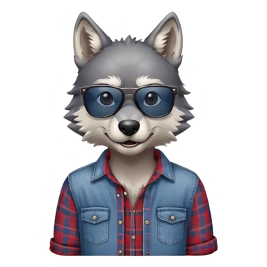 head and shoulders friendly anthropomorphised wolf in plaid shirt and jeans, wearing dark sunglasses, relaxed pose sticker