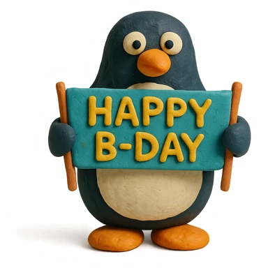 penguin holding a "Happy B-Day" banner, claymation style sticker