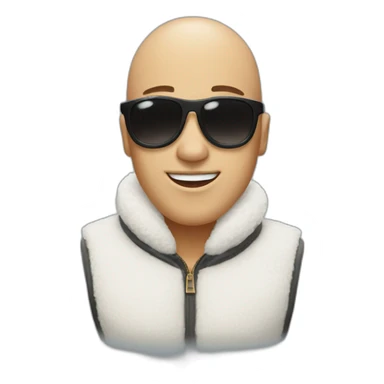 bald smile emoji wearing big black sunglasses in white furry fleece vest sticker