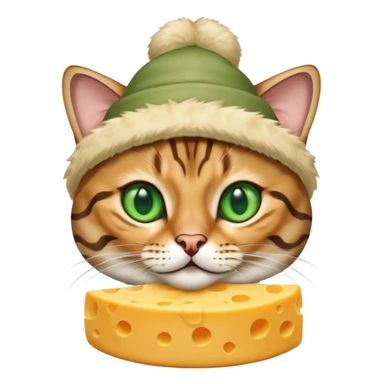Sliver bengal cat with green eyes wearing a cheese hat sticker