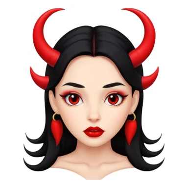 A girl's face with cheekbones, skin red, long black hair, small red horns, big lips sticker