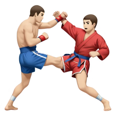 An icon symbolizing Sambo, featuring two fighters in blue and red kimonos with shorts. One executes a powerful throw, while the other attempts a defensive grab. The fighters are engaged in a grapple, using joint locks and sweeps. The background features a wrestling mat/ sticker