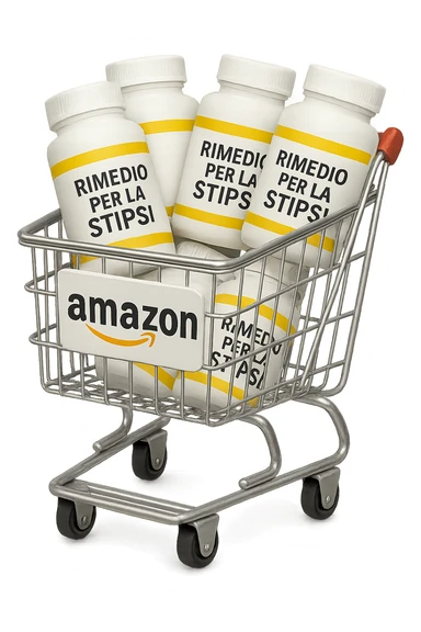 emoji stile iphone di un carrello per la spesa con l'icona di amazon stampata sopra, dentro al carretto ci sono varie boccette di integratori con la scritta "RIMEDIO PER LA STIPSI", iperrealistico 4k sticker