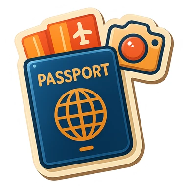 vector-style drawing of a passport with two tickets sticking out, and a small camera icon above or beside the passport, in a retro sticker style with bold outlines and glossy highlights sticker
