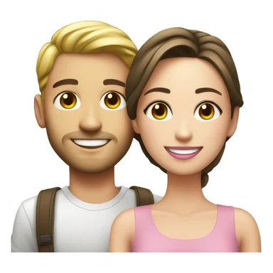 smiling couple indoors realistic make the guy tan with dark brown eyes and girl with hazel green eyes and pale skin and pink lips sticker