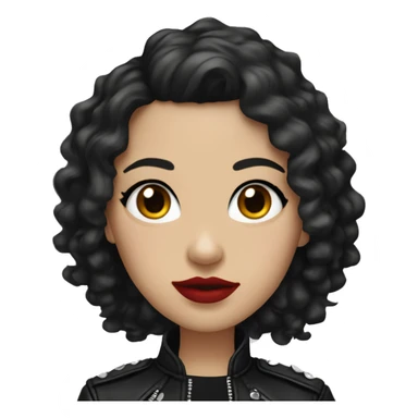White girl, with long curly black hair, with red lipstick, black winged eyeliner, wearing black shirt and black leather jacket sticker