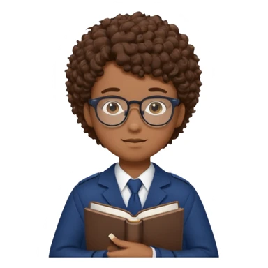 Boy student wearing uniform, glasses, hold book in front of their chest, brown curly hair, dark skin sticker