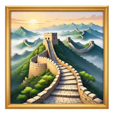 Cinematic Realistic Great Wall of China Landmark Emoji, depicted with ancient stone pathways winding over rugged mountains, watchtowers punctuating the misty landscape, and soft golden sunlight casting dramatic shadows. sticker