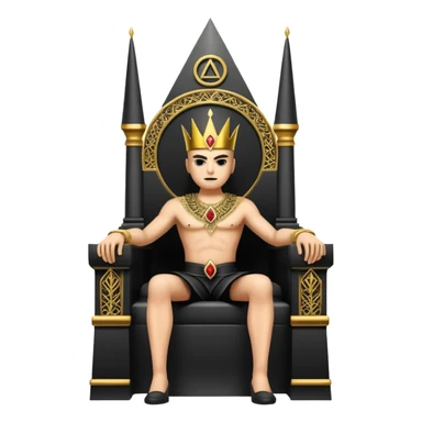 wide big iron black Illuminati throne with gold filigree and central Illuminati symbol sticker