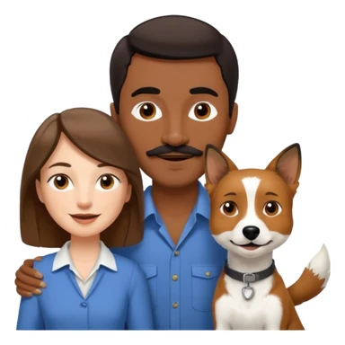 Quiero a una mujer blanca  con el pelo por el hombro lacio castaño  con un hombre de color morochito con el pelo negro y bigote, ambos felices  y un solo perro blanco Fox terrier  sticker