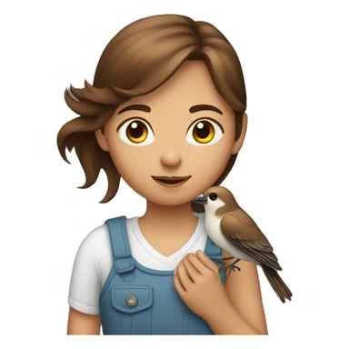 A brown haired girl holding a bird sticker