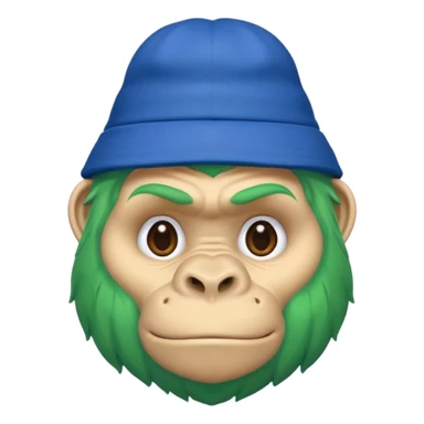 green haired gorilla head with blue hat, apple style emoji, no text, facing slightly right sticker