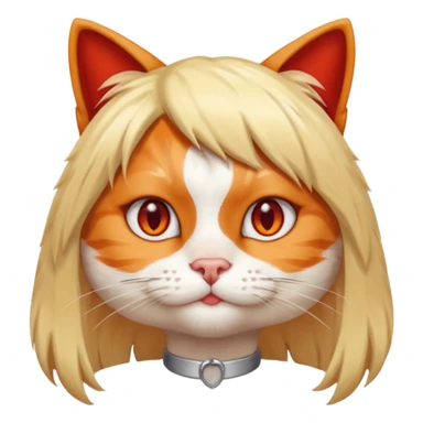 A cat with a wig on and red human nails sticker