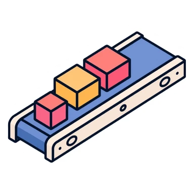 Conveyor belt system moving small cubes in sequence, automation concept sticker