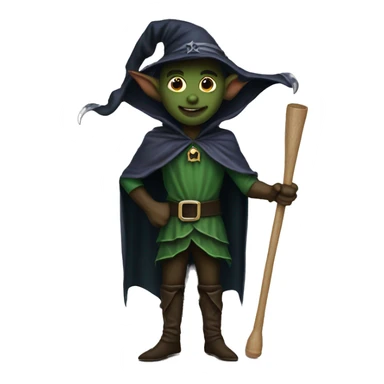 Elf dark sorcerer with a crescent moon hat, holding a bat, Halloween theme, emoji sticker