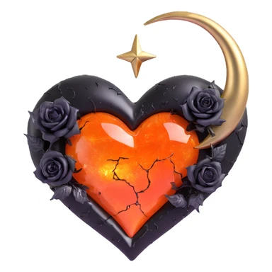 gothic heart made of molten gold glass, silver crescent moon, black roses, holographic stardust, neon orange lightning, wet and cracked glass sticker