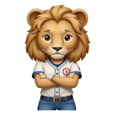 determined anthropomorphised female lion in a baseball shirt and jeans with arms folded, confident stance sticker