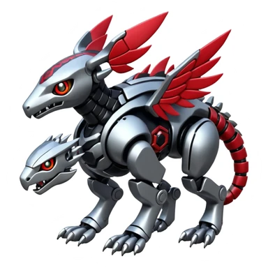 Futuristic mechanical cyborg modern badass cool shiny metallic alloy silver-grey obsidian-black crimson-red white animal Digimon Fakémon hybrid full body with intricate patterns sticker