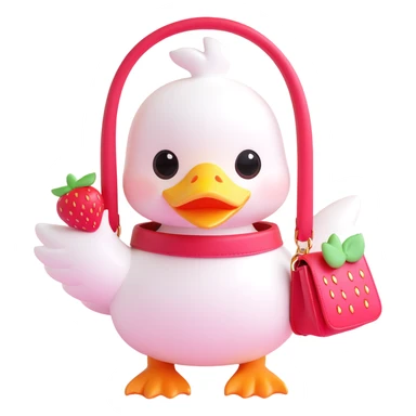 cute white duck with a strawberry-shaped shoulder bag, kawaii 3D style, pastel colors, big shiny eyes, soft lighting, iOS 18, duck waving sticker